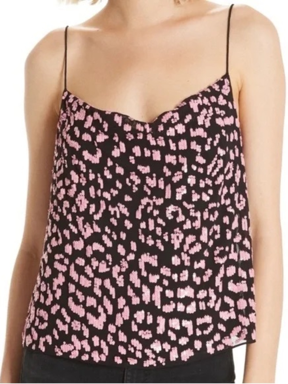 Alice + Olivia Black Camisole with Pink Leopard Print Cowl Neck